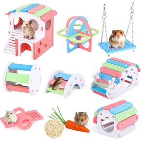 MCEAST 10 Pieces Fun Hamster Toys Set Include DIY Wooden Gerbil Hideout Hamster House Rainbow Bridge Seesaw Swing Roller Pet Exercise Chew Play Toys Guinea Pig Cage Accessories for Small Animals