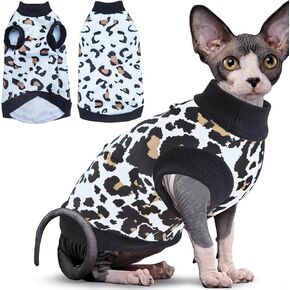 Idepet Cat Clothes Kitten Sweater Soft Kitten Shirt Cute Leopard Print Kitty Vest Pullover Pajamas Jumpsuit Cotton Apparel for Hairless Cats &Puppy (White,XS)