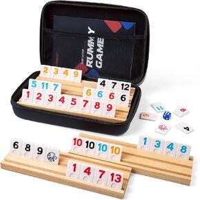 Rummy Cube Game Set with 4 Wooden Racks,106 Rummy Tiles and Portable Case,Classic Travel Board Games for Family Adults and Kids