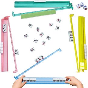Clear Mahjong Racks with Pushers – ABS Tile Holder Set of 4 with Bonus Dice, Multi-Color Trays for American Mahjong, Game Nights, Clubs, or Travel