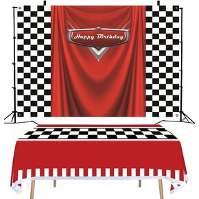 Racing Car Party Tablecloth 86x52in and Checkered Race Flag Happy Birthday Backdrop 5x3ft Kids Boys Birthday Table Cover Cloth Decorations Racing Party Banner Background Supplies Set