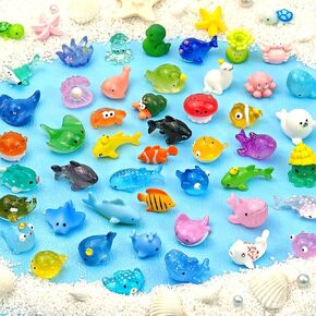60 Pcs Mini Ocean Resin Animals Figures Tiny Sea Animal Figurines Marine Miniature for Dollhouse Micro Landscape Fairy Garden Aquarium Decoration DIY Crafts Party Favors