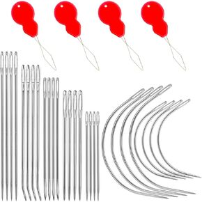 32PCS Leather Sew Needles with 20 Leathers Hand Sew Needle and 8 Curved Needled Leather Sewing Needles Kit Heavy Duty Hand Sewing Needle Kit for Upholstery Leathers Car Carpet Canvas Repair