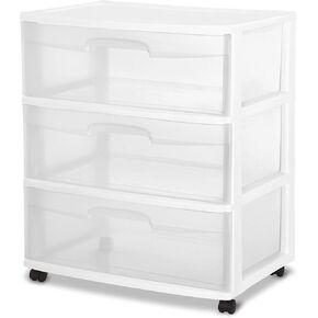 3-Drawer Wide Storage Cart with Clear Drawers – White, Rolling Design for Home Organization