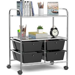 RELAX4LIFE Rolling Storage Cart with 4 Drawers & 2 Shelves, Metal Frame Paper Scrapbook File Organizer for Home Office, School Classroom, Movable Art Craft Cart (Clear)