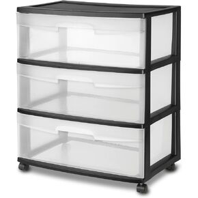 Storage Drawer, 3 Drawer Wide Plastic Storage Cart with Clear Pull Out Drawers, Black