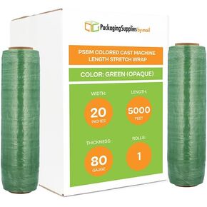 PSBM Machine Green Stretch Wrap, 1 Pack, 20 Inch x 5000 Feet, 80 Gauge, Dark/Opaque Color Plastic Cling Designed for Pallet Machine Applicators