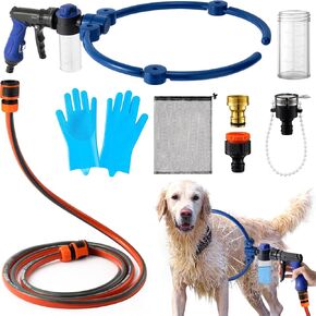 MALLMALL6 Adjustable 360° Dog Washing Hose Attachment with Pet Grooming Glove & 2 100cc Soap Dispenser, Foldable Foam Nozzle Sprayer with 4 Faucet Connectors & 8.2Ft Puppy Washer Hose for Showering