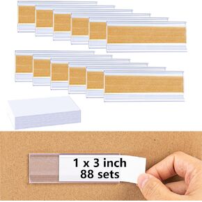 88Pcs Self Adhesive Label Holders Clear Plastic Wire Shelf and Price Tag Rack with Paper Inserts for Supermarket Storage Bins Library Bookshelf Mailbox 3 X 1 Inch