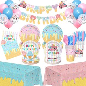 321Pcs Ice Cream Party Supplies for 50 Guests, Include Plates and Napkins, Cups, Forks, Straws with Banner, Tablecloths, Balloons, Ice Cream Theme Birthday Decorations