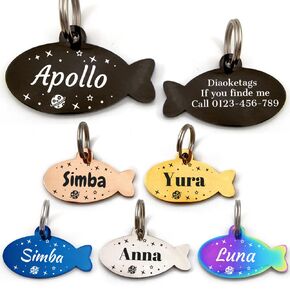 Stainless Steel Cat ID Tag Personalized Pet Tags with up to 4 Lines of Custom Text, Small Pet Mini Dog Cat Tag Lightweight, Engraved on Both Sides, Multiple Patterns Colors Size Options (Icon)