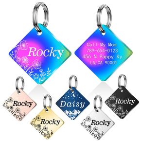 Personalized Dog Tags, Stainless Steel Pet Tags Personalized Cat, Collar Charm Engraved on Both Sides, up to 4 Lines of Custom Text, various Patterns and Colors Options (Black-Heart-Floral)