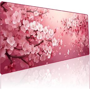 Floral Pink Mouse Pad, Cute Desk Accessories for Women, Cute Mouse Pad Large, Extended Office Desk Mat for Keyboard and Mouse, Stitched Edges | Non-Slip Base Mousepad 31.5x11.8 Inch (Pink Floral)