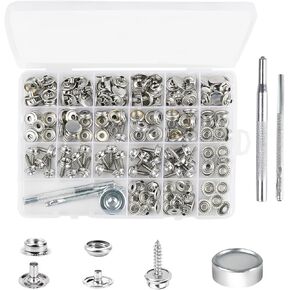 213PCS Canvas Snap Button Kit, Stainless Steel Metal Marine Grade Button Cover with 2 Pcs Setting Tools, Upholstery Sewing Fastener Repair Kit, DIY Canvas, Leather, Fabric Silver Antirust Screws