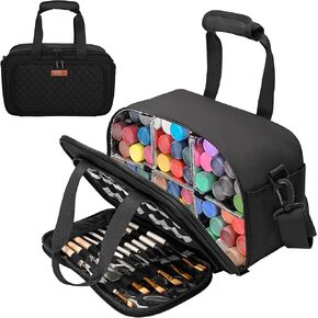 Acrylic Paint Organizer Bag with Shoulder Strap for up to 54 Paint Bottles (2 oz), Acrylic Painting Storage Case with Handle Strap, Aluminum Foil and PVC Liner for Easy Clean, Black