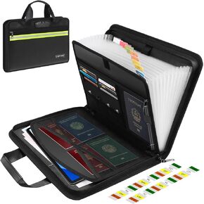 Document Bag,Accordion File Organizer, Portable File Folder Organizer with Lock & Handle,13 Pocket Expanding File Folder with Labels for Documents Laptop Passports Cards Black