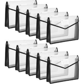 10 Pack Plastic File Folders Portable Expanding File Folder Organizer Documents Envelopes with Snap Closure, A4 Size Waterproof Transparent Pouch with Label for Business Office School