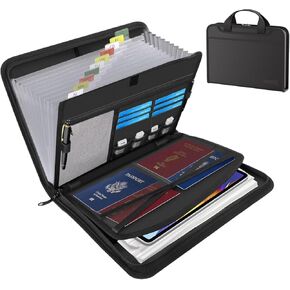 Accordion File Organizer - Fireproof Document Box &Binder Organizer with Labels - 13 Pocket Expanding Folder for A4 Files, Receipts | Portable Home Travel Safe Storage (Black)