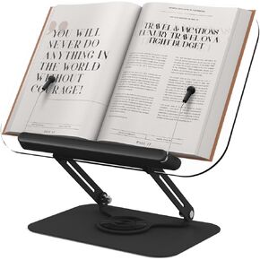 Acrylic Book Stand for Reading Hands Free - Adjustable 360° Rotating Cookbook Holder with Elastic Page Clips & Foldable Base, Multi-Angle Desktop Display Stand for Recipes, Textbooks, Tablets, Bibles