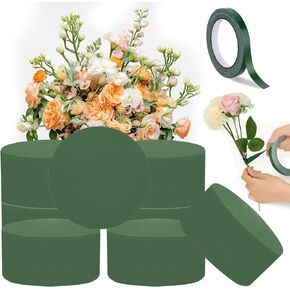 Qinzave 8 Pcs Round Floral Foam Blocks with Waterproof Floral Tape, Green Wet & Dry Flower Foam for Fresh Artificial Flower Arrangement, Flower Foam Round for Wedding, Birthdays, Home DIY Crafts