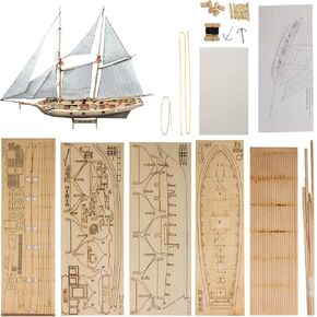 GAWEGM Wooden Ship Model Kits - 1/100 Halcon 1840 Sail Boat Model, with Upgrade Brass Accessories