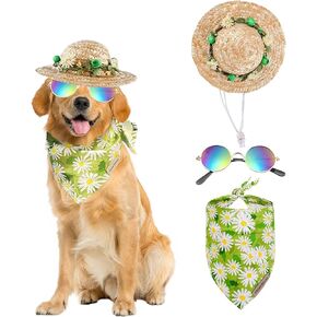 Hawaiian Costume for Dog Hawaiian Bandanna Summer Hat for Dog Sunflower Pet Bandanna Pet Sunglasses Summer Costume for Cat Hawaiian Costume for Dog (Yellow)