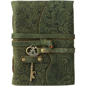 Hocus Pocus Halloween Leather Journal - دفتر الإملائي المصنوع يدويًا مع إغلاق المفتاح | 7x5 "Witch Witch Grimoire مع ورق Deckle Edge غير المبطن | هدية القوطي للسحرة والمعالجات (الأخضر)