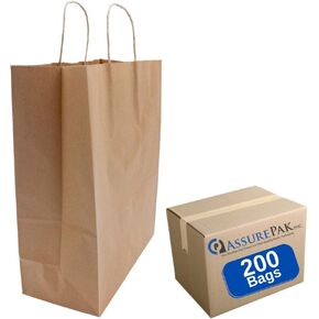 Paper Bags - Handle - Kraft Color - 14"x10"x15.75" - 200 units - 74 LB Weight basis (110 GSM strong) Twisted Handle. Packed in cases. - Kraft/Natural - 141016NKPAPTHDL - AssurePak