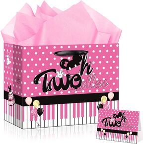 Oh Twodles Birthday Party Decoration Supplies Girl Oh Twodles Gift Bag Cartoon Mouse 2nd Birthday Wrapping Paper With Tissue Paper and Greeting Card for Two Years Old Party Favor Supplies Pink Black