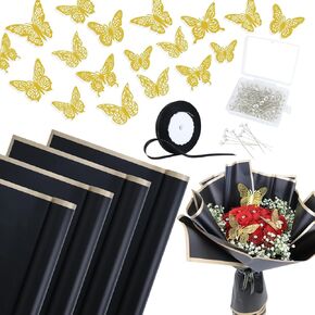 Puqiten 20 Sheets Waterproof Flower Wrapping Paper, Bouquet Wrapping Paper Sheets, with 100 Pcs Diamond Bouquet Pins and 48 Pcs 3D Gold Butterflies for DIY Craft Flower Wrapping Gift Packaging . (Black)