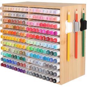Bamboo Marker Organizer for 176 Markers - 22 Fixed Compartments with 3 Adjustable Plastic Clips | Art Desk Storage for Pens, Brushes | Home & Classroom (12.2x5.5x6.2in)