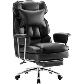 Sweetcrispy Executive Home Office Desk Chair - Ergonomic Big Tall High Back with Footrest & Lumbar Support, Reclining Height Adjustable, Comfy PU Leather Computer Gaming with Swivel Wheels, Black
