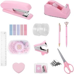 Pink Desk Accessories,13 in 1 Pink Office Supplies,Stapler and Tape Dispenser Set with Stapler, Tape Dispenser, Staple Remover, Staples, Clips, Scissor,Tabs and Pen, Students, Coworkers Gifts