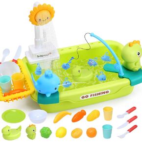 CUTE STONE Kids Sink with Running Water, Play Sink with Upgraded Electric Faucet, Play Kitchen Accessories, Floating Pool Toys & Pretend Play Dishwasher Toys, Summer Water Toys for Boys Girls