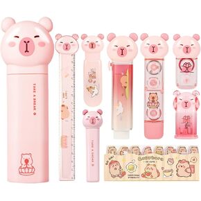 Capybara Stationery Set,Cute Capybara School Supplies,Stationary Gift Set, Japanese Stationery Birthday GIFS, Includes Pencil Sharpener,Eraser, Correction Tape, Ruler, for Office School Supplies