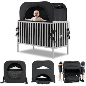 Poray Pop up Baby Blackout Tent Privacy Sleeping Crib Tent Cover for Toddler,Blocks 95% Light with Monitor and Fan Pouch Design with Zipper Doors,Breathable Mesh Windows,Portable Carry Bag