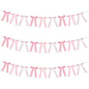 Haooryx Pre -Strung Pink Bow Garland Banner - 3pcs Coquette Bow Pink Ribbon Banner Banner Garland for Girls Bridal Wedder Bashelorette Party Decoration Home Wall Photo Supply Supply