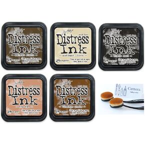 Tim Holtz Distress Ink Pads Set, 3x3 Inches, 5 Colors with 2 Carnora Brushes, Vintage Photo, Walnut Stain, Antique Linen, Tea Dye, Black Soot