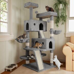MUTICOR 66 Inches Multi-Level Large Cat Tree Tower for Indoor Big Feline/Cozy Plush Perches/Condo/Sisal Scratching Posts/Hammock and Baskets/Activity Center Play House/Wide Base/Dark Grey