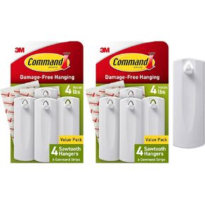 Command Sawtooth Picture Hangers, Damage Free Hanging Frame Hangers, No Tools Wall Hooks for Hanging Sawtooth Frames in Living Spaces, 8 White Picture Frame Hangers and 16 Command Strips