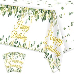 3 Pack Sage Green Plastic Tablecloth Party Supplies, Eucalyptus Leaf Theme Glitter Gold Happy Birthday Disposable Rectangular Table Covers for Boys Girls Birthday Decorations, 54 X 108Inch