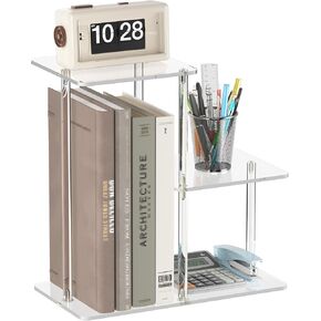 Acrylic Desktop Bookshelf, 7.9" D x 15" W, Small Desktop Shelves Organizer,3-Tier Clear Mini Table Top Shelf for Office Supplies and Desk Accessories, Easy Assembly
