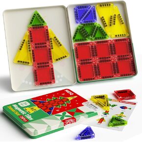 Mini Magnetic Tiles Travel Set | 26-Piece Portable Metal Storage Box | STEM, Montessori Educational Toys for Ages 3-5 | Fridge, Car & Airplane Play