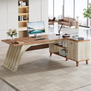 Tribesigns 78" L-Shaped Executive Desk, Large Modern Office Desk with Lateral File Cabinet and Drawer, Home Business Computer Workstation Set with Storage Shelves, Walnut & Oak