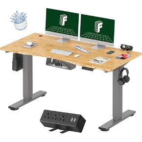 FLEXISPOT EN2 Whole-Piece Bamboo Standing Desk with Clamp Power Strip, 55 x 28 Electric Stand Up Height Adjustable Desk with Cable Management (Grey Frame + 55" Bamboo Top, 2 Packages)