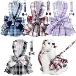 4 Pcs Plaid Dog Dress with Pearls Bow Tie Harness Leash Cute Puppy Dress for Small Dogs Puppy Clothes for Pet Chihuahua Cats Skirt Outfits(M)