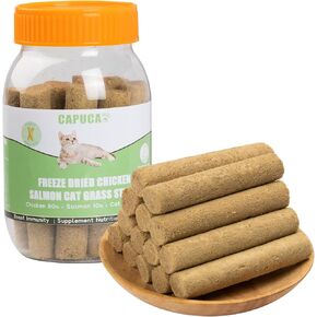 Cat Grass Teething Sticks - Freeze Dried Dental Treats for Hairball Control & Teeth Cleaning, Chicken Goat Milk Salmon Flavors for Cats & Kittens