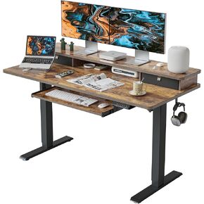 FEZIBO Whole Piece Standing Desk with Drawers, Adjustable Height Desk with Keyboard Tray, Stand Up Desk with Storage Shelf, 48 x 24 Inchs, Light Rustic Top