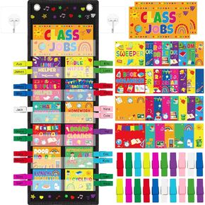 Class Jobs Pocket Chart for Classroom Decorations, 45 Colored Clips & 45 Behavior Cards, Teacher Must-Have Helper for Back to School Birthday Party Decor