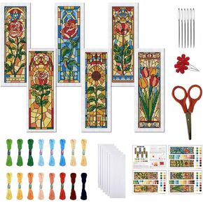 FREEBLOSS 6 Set Cross Stitch Bookmark Kit Stamped Cross Stitch Kit Colored Glass Flowers Pattern Embroidery Set with Instruction for Adults 8''*2.4''